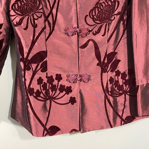 Vintage Dark Red Velvet Floral Mixed Media Button Up Tradition Chinese Jacket - Picture 3 of 8